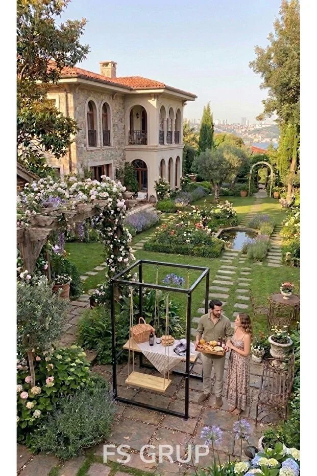 2 Kişilik Salıncaklı Masa Bahçe Balkon Kafe İçin Metal Standlı Ahşap Set